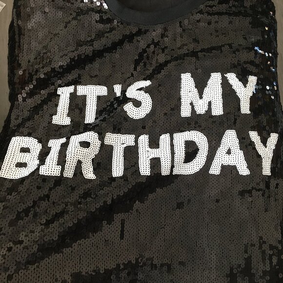 Black White Sequined "IT'S MY BIRTHDAY" Short Sleeve Lined Dress Long Shirt - Picture 7 of 9